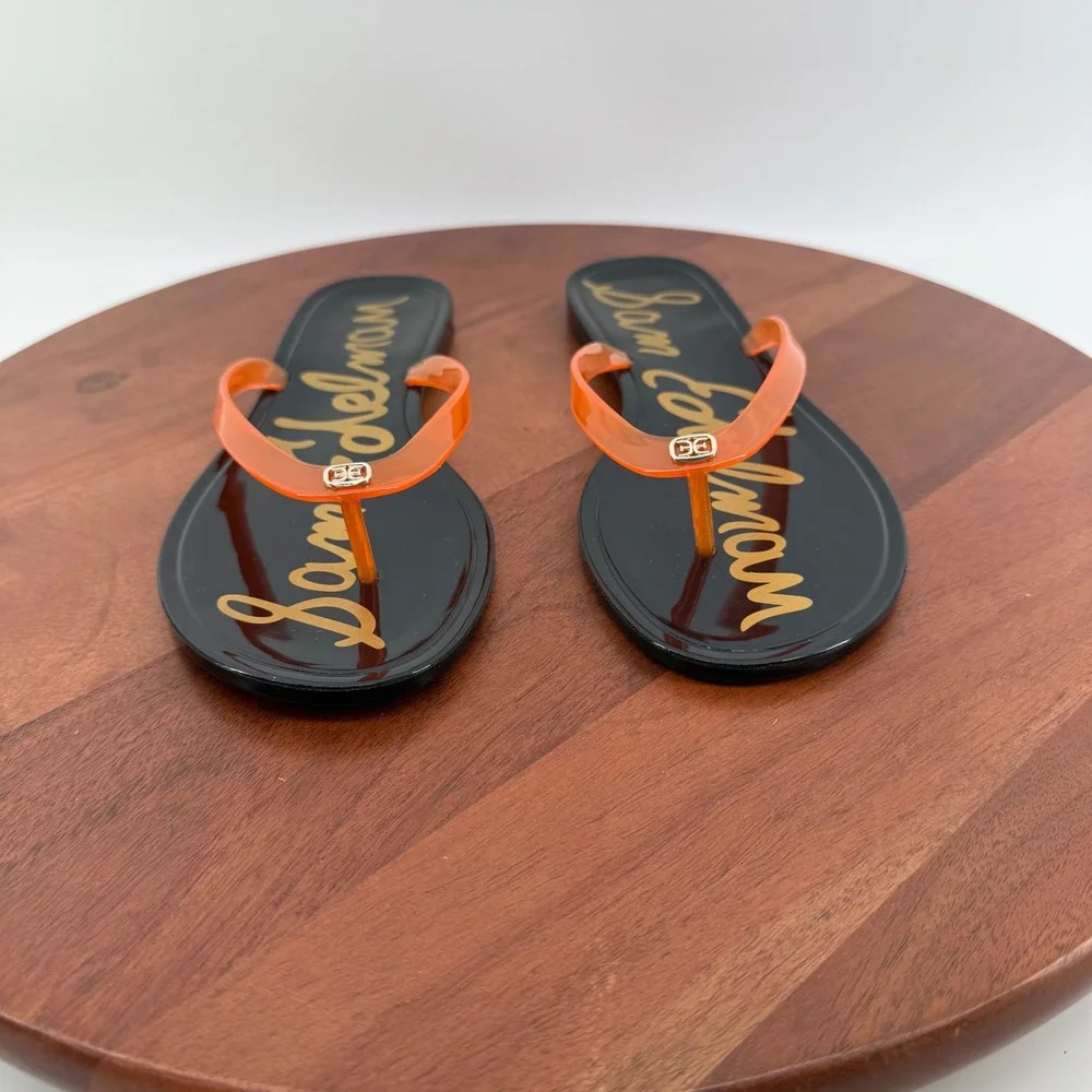 Sam Edelman Dean Jelly Thong Sandals  Black Orange/Red Clear Flip Flops Womens 8